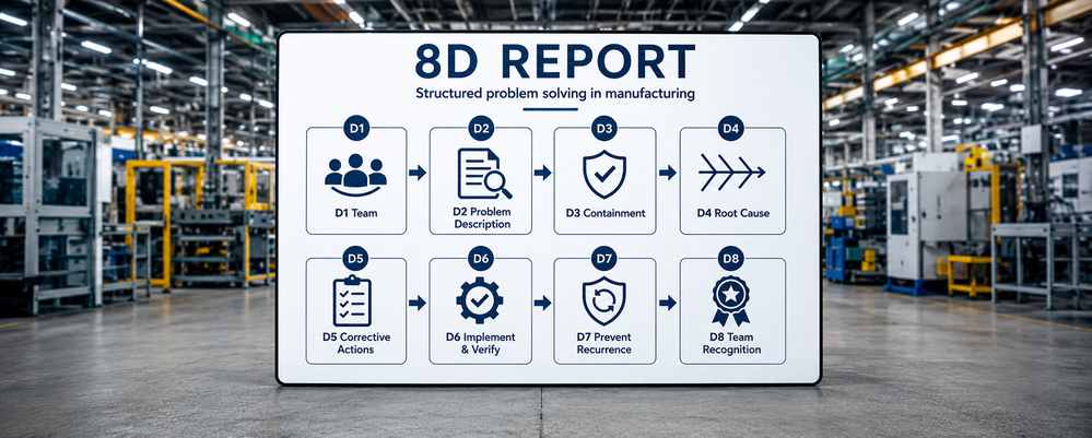8D Report mit acht Prozessschritten auf einer Infotafel vor einer Produktionsanlage