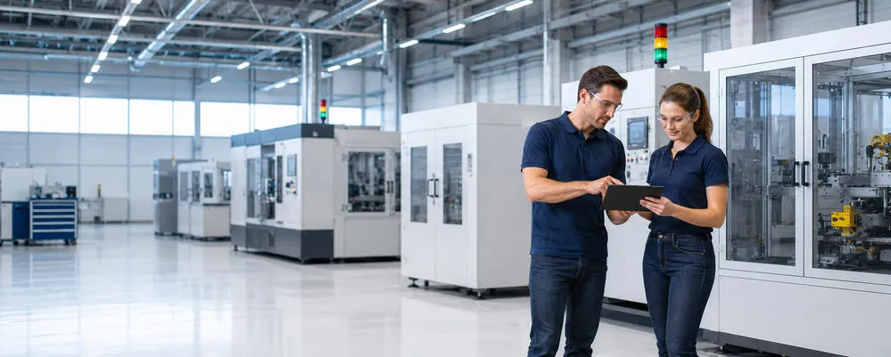 Two manufacturing employees reviewing a tablet beside automated production machines in a modern factory using a manufacturing communication system