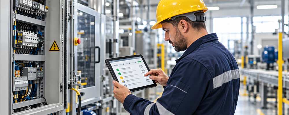 Techniker prüft einen digitalen Wartungsplan auf einem Tablet an einem geöffneten Schaltschrank.