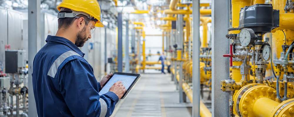 Technician using a tablet to inspect pipes, valves, and pressure gauges in an industrial facility