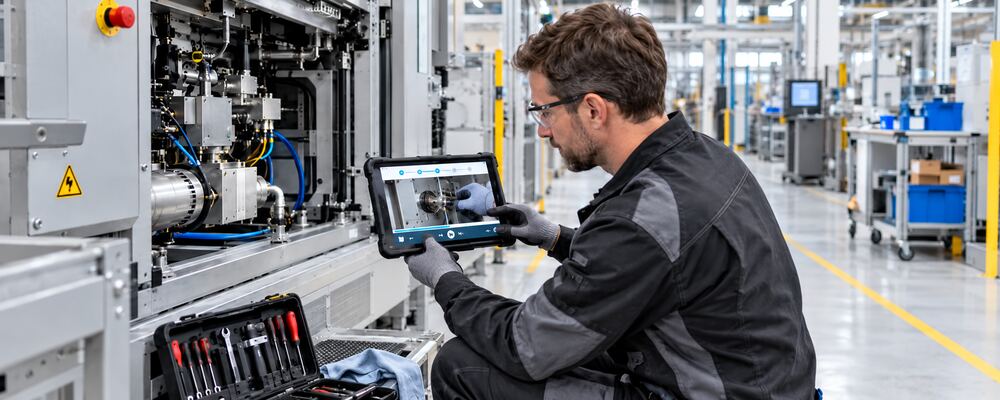 A technician uses video work instructions for industry on a tablet whilst working on a production machine